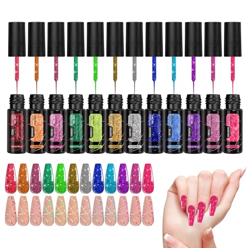 Gelnagellack mit Glitzer, 12 Farben, Eyeliner, langlebig, reflektierend, für künstlerisches Design auf Partys und im Urlaub von Genérico