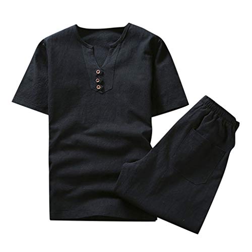Genérico Kurzarm-Pyjama-Set aus Baumwolle, zweiteilig, für Herren, kurz, loose, bequeme und atmungsaktive Nachtwäsche, Z02-schwarz, XXXL von Genérico