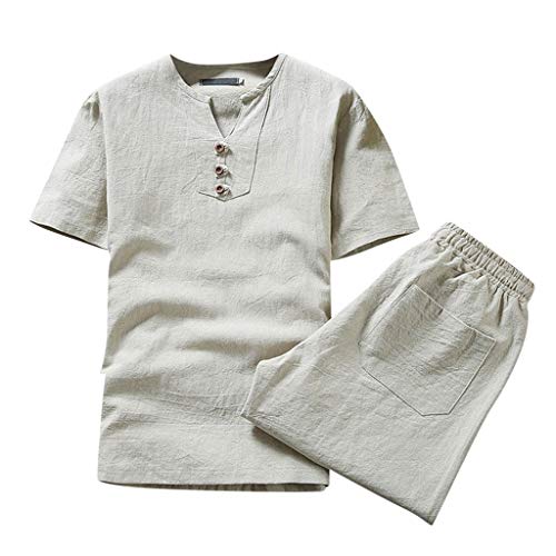 Genérico Kurzarm-Pyjama-Set für Herren, Leinen, zweiteilig, Pyjamas und Heimkleidung, klassisch, bequem und kühl, Pyjama-Set, beige, XXL von Genérico