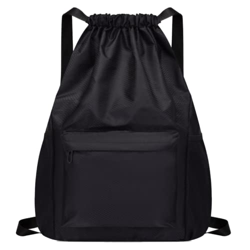 Genérico Schnurrucksack Sport Tasche Fitnessstudio Yoga Strand Institut Motorrad Wasserdichter Stoffrucksack Komfortabler verstellbarer Riemen Vier Taschen Seil Rucksack für Herren Damen, Schwarz , L von Genérico