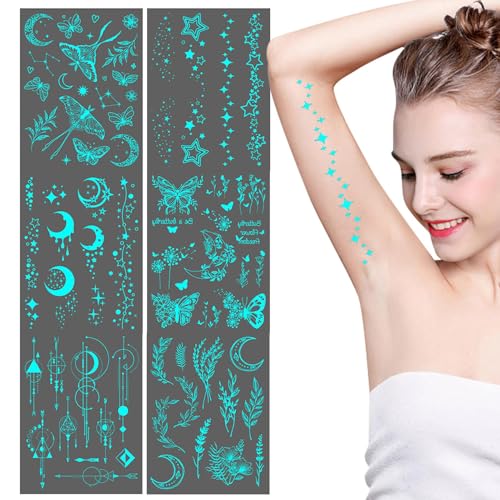 Glow in the small of the Darks: 10 Blatt leuchtender Glanz | Blue Glow in dunklen temporären | Night Glow Body Art Sticker Makeup | Fluoreszierende Club-Dekoration im Dunkeln von Genérico