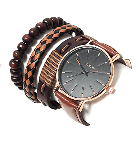 Analoge Herren-Quarzuhr mit verstellbarem braunem Lederarmband und drei passenden Armbändern, modernes und elegantes Design, schwarzes Zifferblatt mit orangefarbenen Details und goldenem Umfang., von Genérico