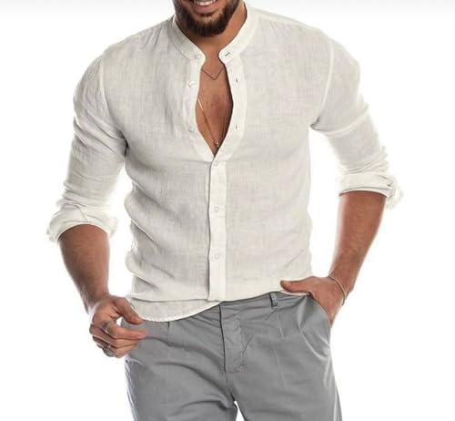 Hemd für Herren, Leinenhemd, Sommerhemd, Strandhemd, Schwarz, Weiß, Rosa, Langarm, einfarbig, Hawaii-Kragen, festliche Kleidung, weiß, XXL von Genérico