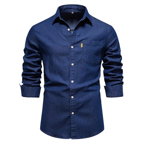 Jeanshemd ohne Bügeln für Herren aus Baumwolle, elegant, große Größe, mit Knöpfen, einfarbig, Sommerhemd, dehnbar, tailliert, mit Tasche für Strand und Ankleid, Dunkelblau, XL von Genérico