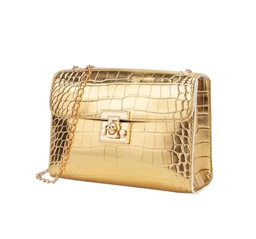 Kleine goldene Tasche mit goldener Kette - Goldene Umhängetasche - Leder in Krokodiloptik - mit Sicherheitsverschluss - Modell Fashion, gold von Genérico