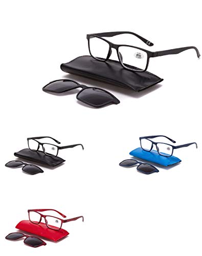 Lesebrille für Herren und Damen, Solar-Clip, mit Magnet, inklusive Scheide + 1,00 + 1,50 + 2,00 + 2,50 + 3,00 + 3,50 (rot, 3,00) von Generico