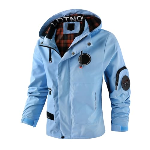 Softshelljacke mit Kapuze für Herren, leicht und winddicht, Wanderbekleidung mit Stehkragen und Reißverschluss, winddichte Jacken mit funktionellen Taschen, hellblau, Large von Genérico