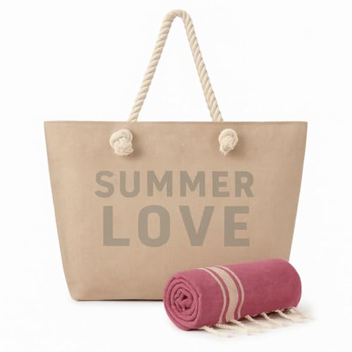 Strandtasche, Beige, groß mit passendem rosa Handtuch, Set für Sommer Love von Genérico