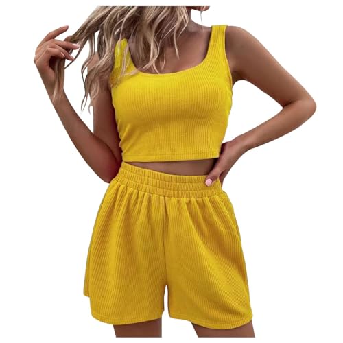 Zweiteiler Damen Sommer Hosenanzug Elegant Outfits 2 Teiler Set Crop Tank Top + Shorts Atmungsaktives Workout Hosenanzug FüR Gym Loungewear Freizeit Y2k äSthetik In Einfarbig Jogginganzug von Generico