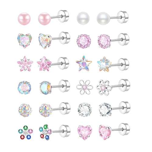 12 Paar Ohrringe, flache Ohrstecker aus Edelstahl, hypoallergen, flache Rückseite, Schnalle, Herz, Blume, Stern, Schrauben, flache Rückseite, Schnalle, Zirkonoxid 12 Paar Ohrringe, flache Ohrstecker aus Edelstahl, hypoallergen, flache Rückseite, Schnalle, Herz, Blume, Stern, Schrauben, flache Rückseite, Schnalle, Zirkonoxid von Générique