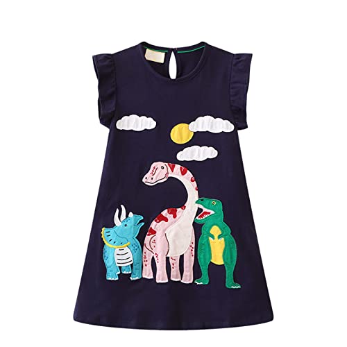 2023 Frühling und Sommer Neue Kurzarm Kleid für Mädchen Prinzessin Kleid Dinosaurier Gedruckt für Kinder Cocktailkleid Mädchen Chic, dunkelblau, 8 Jahre von Générique