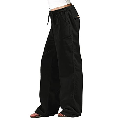 2023 Leinenhose für Damen, lässig, hohe Taille, lange Hosen für Frauen, mit losen Taschen, einfarbig, Pyjama, Shorts, große Größe, Schwarz, 54 von Générique