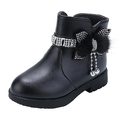 2024 AI Kinder Schuhe dicke Ferse kurze Stiefel Leder warm Baby Bogen Schuhe Baumwolle Niedlich Warme Stiefel Mädchen Metallic Spitze Metallic Stiefel, Schwarz, 23 EU von Générique