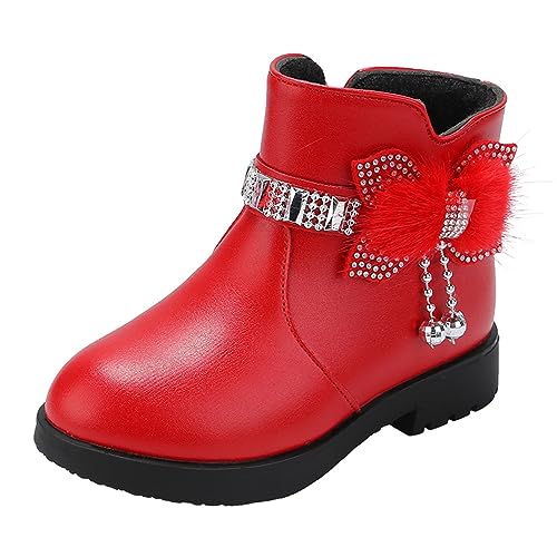 2024 AI Kinder Schuhe dicke Ferse kurze Stiefel Leder warm Baby Bogen Schuhe Baumwolle Niedlich Warme Stiefel Mädchen Metallic Spitze Metallic Stiefel, rot, 30 EU von Générique