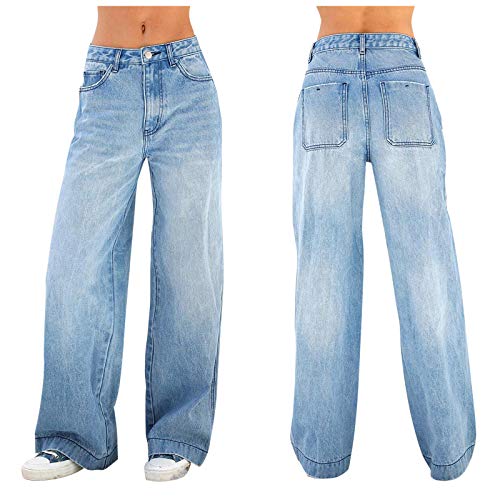 2024 – Damen Denim-Hosen, locker, weites Bein, Jeans, Hose, Straight Pants, Leggings, aus Baumwolle, dunkelblau, Small von Générique