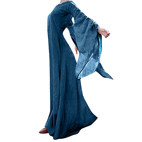 2024 Neu – Damen Kleid Gothic Retro Farbe Solide Langarm Ballkleid Lang Maxi Herbst Winterkleid Lose Rock Plissee Mid Lang Winter, blau, Small von Générique