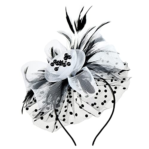 2024 Plan Hut für Damen Hochzeit Blume Cocktail Mesh Federn Haarspange Tea Party Stirnband Faux Strass (Weiß, One Size) von Générique