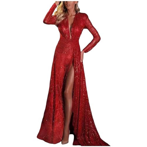 Abendkleid für Damen – Kleid mit Schlitzen für Damen, trendig, sexy, asymmetrisch, Schultertasche, Hüfte, schmale Größe, Hochzeitskleid, Sonnenkleid, Damen, Maxi, kurz, rot, Large von Générique