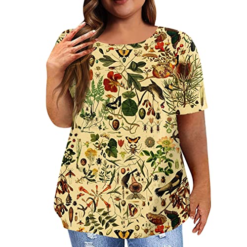 Ausgestellter Rock, große Größe, große Größe, für Damen, kurzärmlig, O-Ausschnitt, Tunika, Print, Sommer, Tees, Bluse, gelb, 5X-Large von Générique