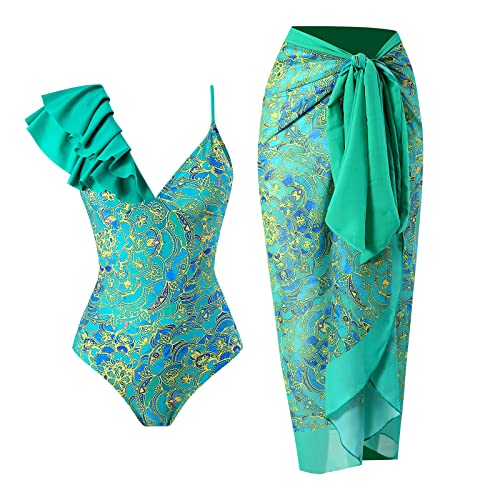 Bedruckter einteiliger Badeanzug mit Volant und Pareo für Damen, Strandkleid, 2023, grün, M von Générique