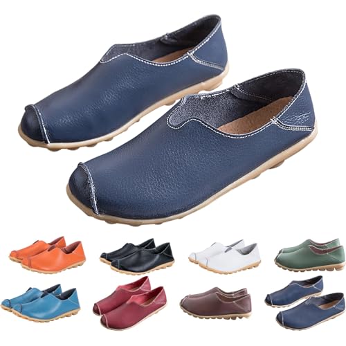 Bootsschuhe für Damen – Wanderschuhe, ohne Schnürsenkel, Espadrilles, einzigartiger Absatz, Sneaker, Leder, lässig, bequem, niedrige Schuhe, Slip-Ins, großer Eingangsschuh, Dunkelblau, 35 EU von Générique