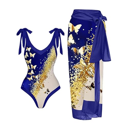 Damen Badeanzug mit Pareo, bedruckt, Strandkleid, Luxus-Bikini, Blaue Schmetterlinge, XL von Générique