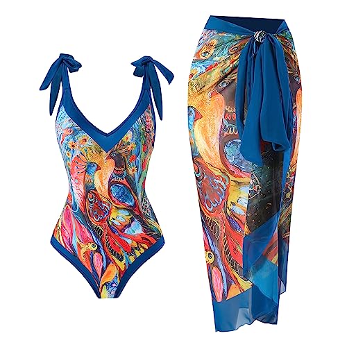 Damen Badeanzug mit Pareo, bedruckt, Strandkleid, Luxus-Bikini, Pfau blau, XL von Générique