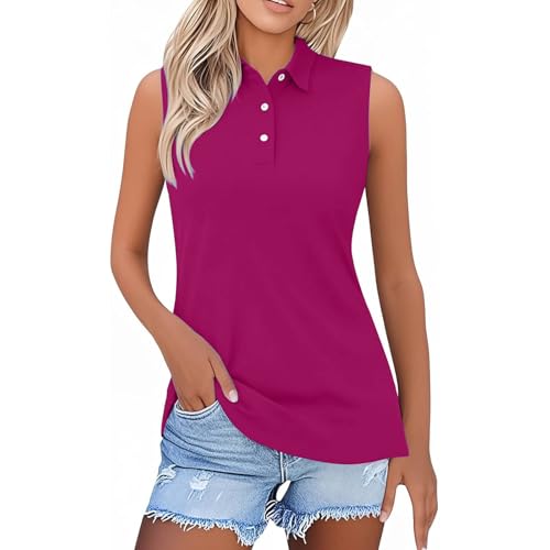 Damen-Poloshirt, Baumwolle, ärmellos, Top, locker, atmungsaktiv, T-Shirt, große Größe, Hemd, Leinen, Sommer, Top, Bluse, Basis, lässig, Oberteil, einfarbig, Tops, weich, leicht, Tunika, Weinrot, M von Générique