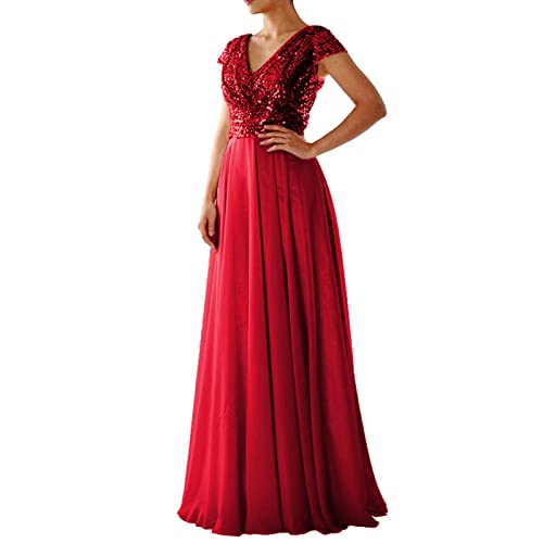 Damen Sommer V-Ausschnitt Pailletten Chiffon Panel Abendkleid Lang Elegant Abendkleid Mode Party Brautjungfernkleider Maxi Große Größe für Frauen, rot, X-Large von Générique
