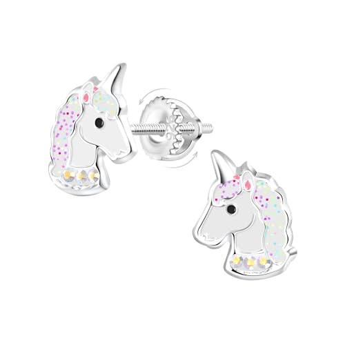 Einhorn Mädchen Ohrringe aus 925er Silber mit Schraubverschluss - Kinderschmuck hypoallergen sicher - Feengeschenk mit funkelnden Kristallen und farbiger Emaille von Générique