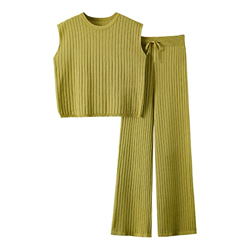 Frauen Sommer Gestrickt Falten Kurzarm Pullover 2 Stücke Elegant Set Breit Bein Einfarbig Anzug Sport Hosen Anzüge Brieftasche Home, grün, One size von Générique