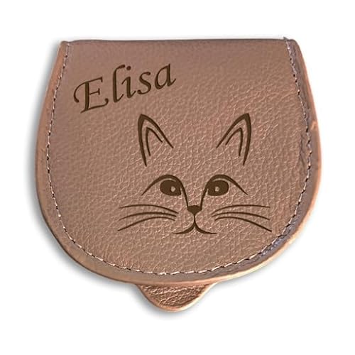 Geldbörse aus Leder, Beige mit Ihrem Text oder Vornamen und einer Zeichnung zur Auswahl (Hier, Katze)., braun, 9x9, Klassisch von Générique