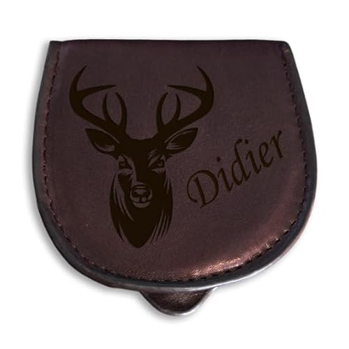 Geldbörse aus Leder, personalisiert mit Ihrem Text oder Vornamen und einer Zeichnung nach Wahl (Hier, Hirsch)., braun, 9x9, Klassisch von Générique