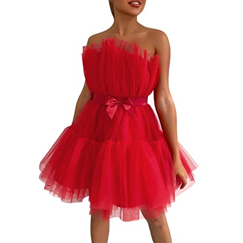 Générique AI 2024 Plan Kleid aus Tüll Frauen abgeschnitten Ballkleid Flauschig Prinzessin Mini Kleid ohne Träger Mesh Plissee Cocktail Abendkleid Besprechungsklasse Kleid teuer, rot, Small von Générique