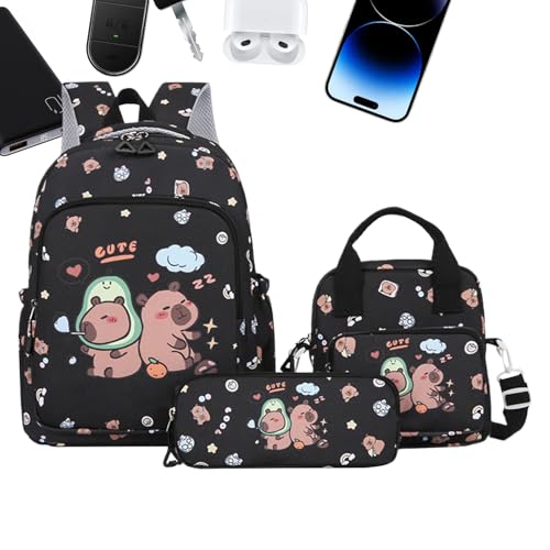 Générique Capybara Schulrucksack | Cartoon Bookbag Set | Travel Backpack Luggage & Travel Gear with Pencil Case and Lunch Bag for Daily Life Girls School Activities, Schwarz , Se référer au descriptif von Générique