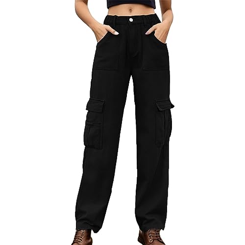 Générique Damen-Jeans, hohe Taille, breite Cargohose, Baggy, mehrere Taschen, Straight Hose, Casual, Slim Trousers, sportlich, Arbeit, Jogging, Sweatpants Outdoor, Schwarz , 40 von Générique