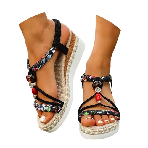 Générique Damen-Sandalen für den Sommer, bequem, rutschfest, atmungsaktiv, ohne Füße, Bohemian, offener Zehenbereich, mit Plateauabsatz, bequem, aus geflochtenem Leinen, 07a Schwarz, 36 EU von Générique