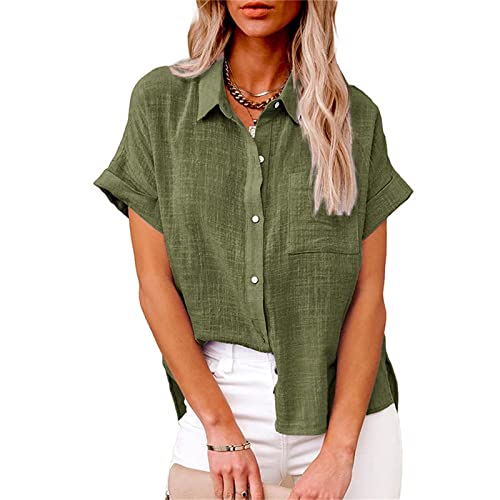 Générique Damenbluse, V-Ausschnitt, kurze Ärmel, Sommer, lässig, elegant, aus Baumwolle, Leinen, Knöpfe, schick, elegant, Shorts, leve, Bluse, Tops, Arbeit, lässig, Tunika, Top, grün, 46 von Générique