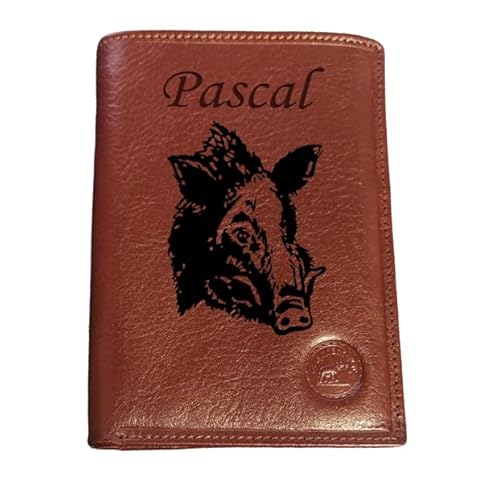 Générique Geldbörse aus braunem Leder, personalisiert mit Ihrem Text oder Vornamen und einer Zeichnung zur Auswahl (Hier, Wildschweinjagd), mittelgroßes Modell, erhältlich in verschiedenen Farben von Générique