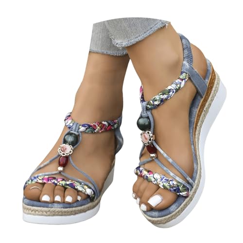 Générique Keilabsatz-Sandalen für Damen, Sommer, elegant, rutschfest, atmungsaktiv und nackt, Bohème, offener Zehenbereich, mit Plateauabsatz, elegant, bequem, Semi Trailer, 06a Blau, 38 EU von Générique