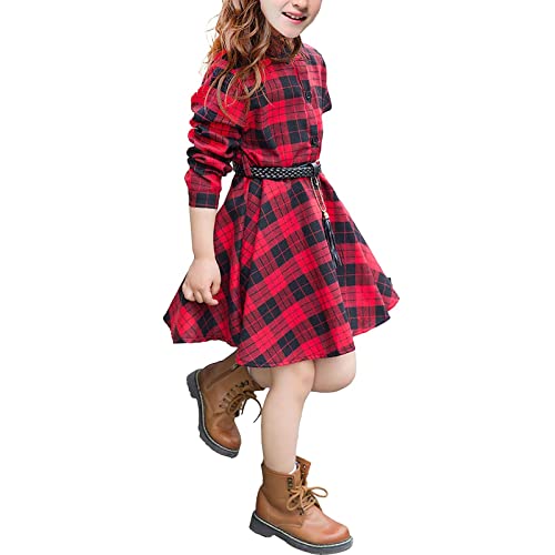 Générique Mädchen Casual Outfit Gürtel Langarm Buffalo Check Schwarz Weiß Rot Karierte Kleider für Kinder Rock Vintage Mädchen, E, 3-4 Jahre von Générique