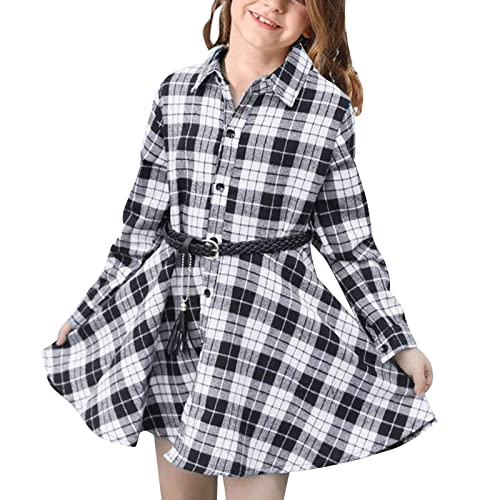 Générique Mädchen Casual Outfit Gürtel Langarm Buffalo Check Schwarz Weiß Rot Karierte Kleider für Kinder Rock Vintage Mädchen, F, 10-11 Jahre von Générique