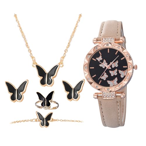 Générique Modisches Uhren-Set für Frauen – elegantes Schmetterlings-Schmuck-Set mit Halskette, modisches Uhrengeschenk | Armband wasserdicht bis wasserdicht, beige, Se référer au descriptif, Siehe von Générique