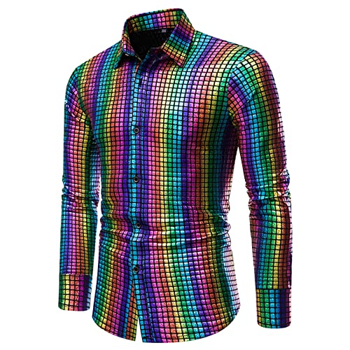 Générique Neu - 2024 Disco Abendkostüm für Männer der 70er Jahre, Gold Silber Mehrfarbig Regenbogen Kariert Pailletten Druck Hemd Knöpfe Langarm T Shirts Herren Mode, violett, L von Générique