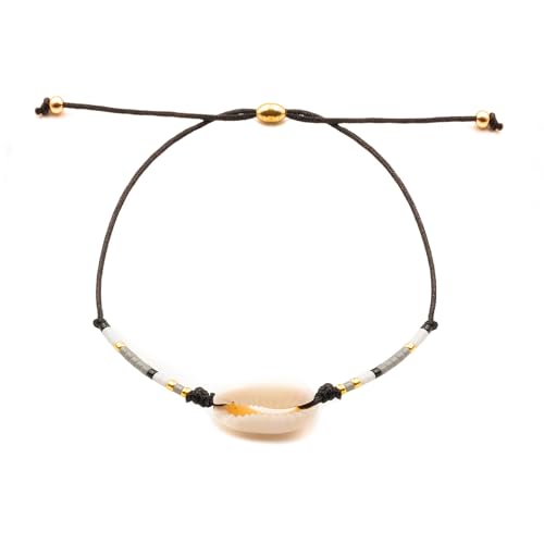 Générique Feines Muschelarmband | feines Unisex-Armband, Cauri-Muschel und Rocaille-Perlen | handgefertigt, Geschenkidee, Muschel, Strand, Sommer, modisch, verstellbare Kordel, Herren, Damen, 27cm von Générique