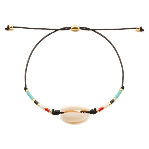 Générique Feines Muschelarmband | feines Uni-Armband, Cauri-Muschel und Rocaille-Perlen | handgefertigt, Geschenkidee, Muschel, Strand, Sommer, modisch, verstellbare Kordel, Herren, Damen, 27cm von Générique