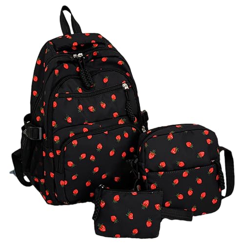 Générique Strawberry Bookbag, Bookbag Set, Pen Purse Pouch, Shoulder Knapsack Comes with Three Sizes for Students Daily Commuting Outdoor Trips Camping Preschool Activities and Travel Use, Schwarz von Générique