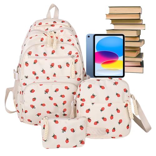 Générique Strawberry Bookbag, Bookbag Set, Pen Purse Pouch, Shoulder Knapsack Comes with Three Sizes for Students Daily Commuting Outdoor Trips Camping Preschool Activities and Travel Use, weiß, Se von Générique