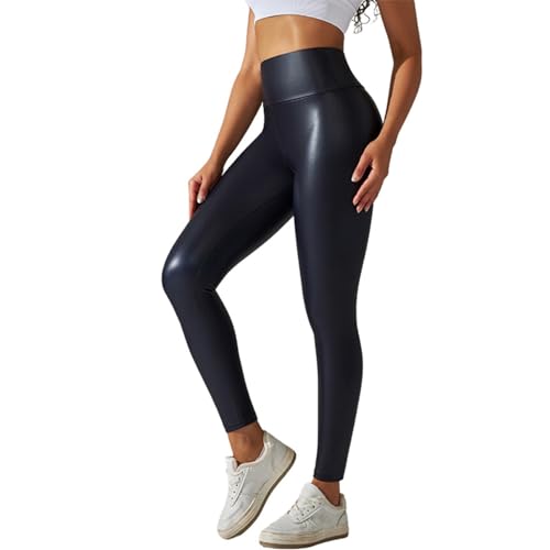 Générique Yoga-Top, Langarm, hohe Taille, einfarbig, Slim Fit, Hose aus PU-Leder, Kunstleder, Herbst und Winter, Leggings, Schlankheits-Leggings, hohe Taille, marine, M von Générique