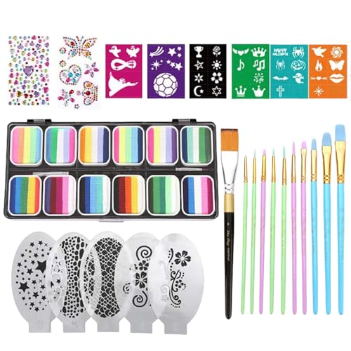 Gesichtsmalset, Gesichtsbemalungsset mit Schablonen, 12 Gitter, waschbare Kosmetikpalette mit Bürsten, vibrierende Hautfarben, einfache Anwendung, ideal für Halloween, 21 x 10,4 x 1,6 cm Gesichtsmalset, Gesichtsbemalungsset mit Schablonen, 12 Gitter, waschbare Kosmetikpalette mit Bürsten, vibrierende Hautfarben, einfache Anwendung, ideal für Halloween, 21 x 10,4 x 1,6 cm von Générique